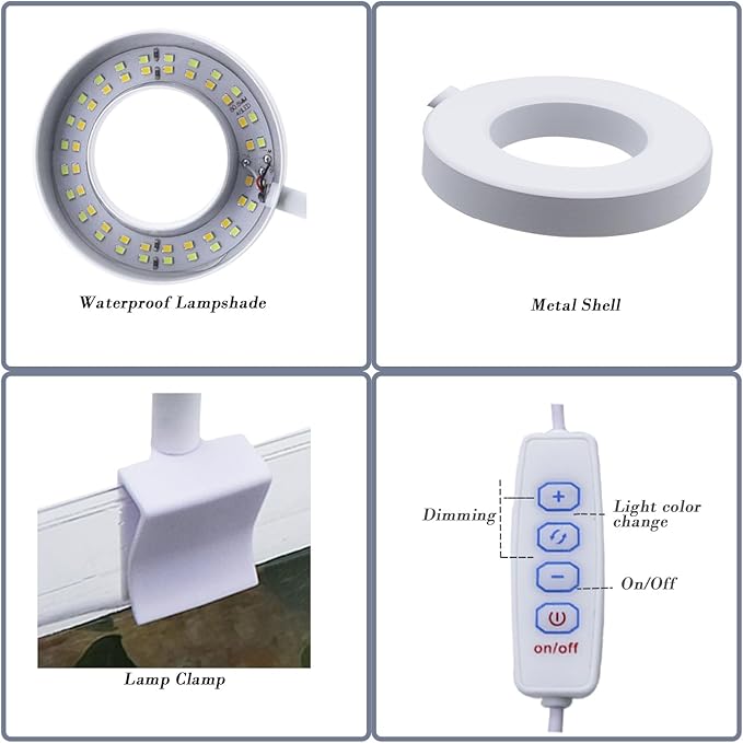 Small Aquarium Light Clip on Fish Tank Light LED USB Full Spectrum Light with Dimmer Multi-Color White+Blue+Red for 1-5 Gal Betta Tank (Adapter NoT included, No Timer)
