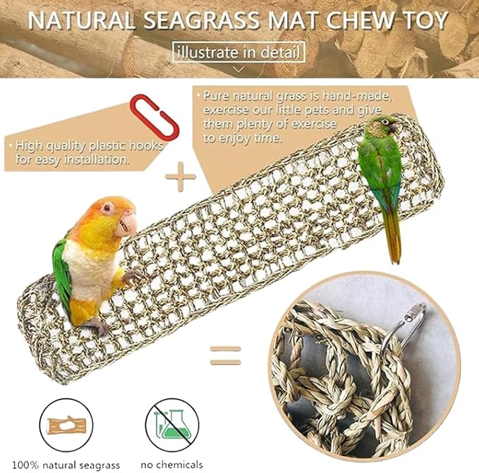 Bird Seagrass Mat,Natural Seagrass Woven Net Bird Foraging Chew Wall Toys Parakeet Hammock Mat with Hooks for Lovebird Cockatiel Conure Budgie,Size 28.3" X 6.7" and 11.81" X 11.81"(2 Pcs)