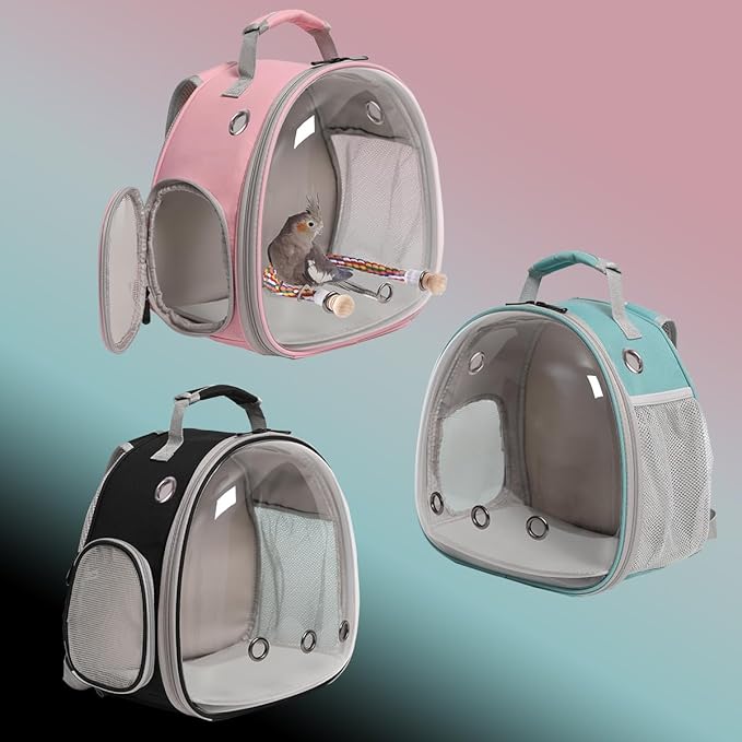 Clear Bubble Bird Carrier Backpack for Small Birds, Bird Carrier Travel Cage for Cockatiel Conure Parakeet Budgies with Stainless Steel Tray and Standing Perch