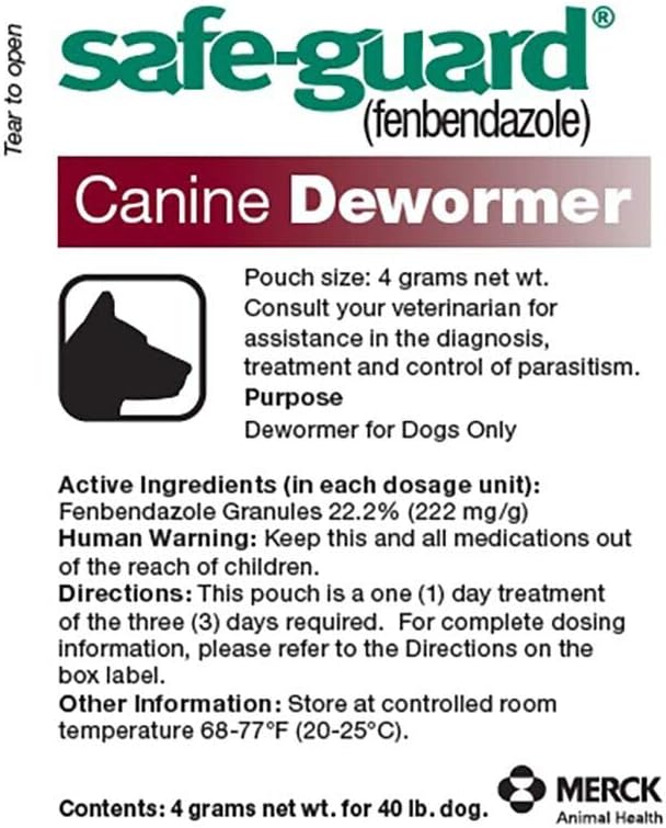 Safe-Guard (fenbendazole) Canine Dewormer for Dogs, 4gm pouch (ea. pouch treats 40lbs.)