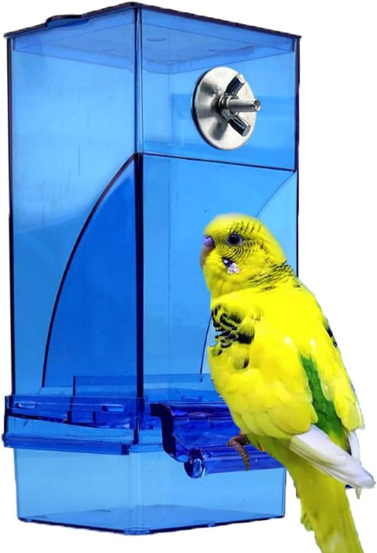 Parrot Automatic Feeder No Mess Bird Feeder Food Container Feeding Station Foraging Cage Accessories Acrylic Suitable for Parrot Cockatoo Canary Love Bird (Blue)