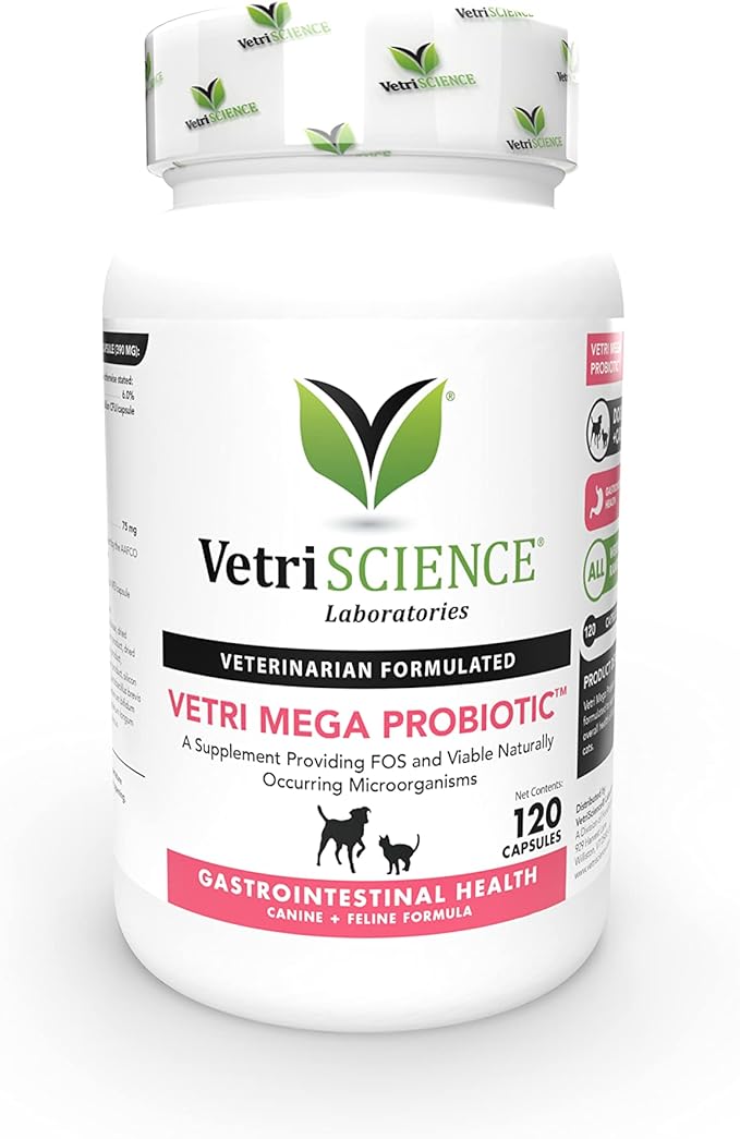 VetriScience Vetri Mega Probiotics for Dogs & Cats, 7.5 Billion CFU – 8-Strain Cat & Dog Probiotics for Digestive Health, Gut Health, Immune Support & Seasonal Allergies – 120 Capsules