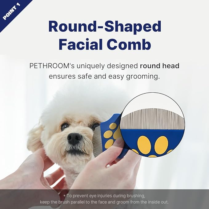 [PETHROOM] Easy Facial Comb | Pet Eye Booger Remover Comb for Cats and Dogs | Round Head Fine-Tooth Metal Comb for Tear Stains | Stainless Steel Cleaner and Grooming Tool | Dog eye comb