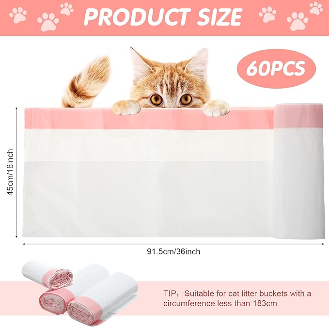 Thenshop 60 Count Litter Box Liners 36'' x 18'' Jumbo Cat Pan bags Drawstring Cat Supplies Extra Large Disposable Cat Litter Bags Cat Box Liners for Trash Waste Litter Box Tidy (Pink)