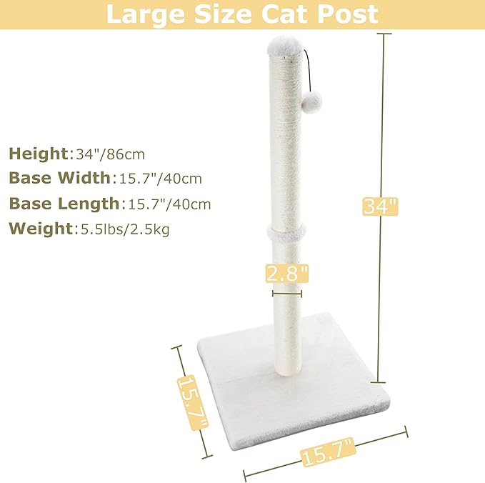 34" Tall Cat Scratching Post for Large Cats and Kittens, High Vertical Scratcher with Premium Natural Sisal Rope and Interactive Hanging Ball for Indoor Cats (Beige)