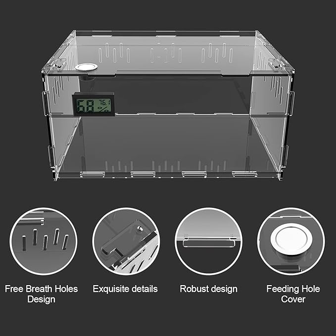 BETAZOOER Reptile Terrarium Breeding Tank Acrylic Reptile Feeding Box with Temperature Hygrometer (11.4"x7.7"x5.9")