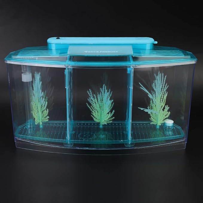 AYNEFY Mini Fish Breeding Box,Aquarium Fish LED Acrylic Three Divisions Small Fishes Isolation Incubator Breeding Hatchery for Guppy Shrimp Clownfish Fishes Betta(Blue)