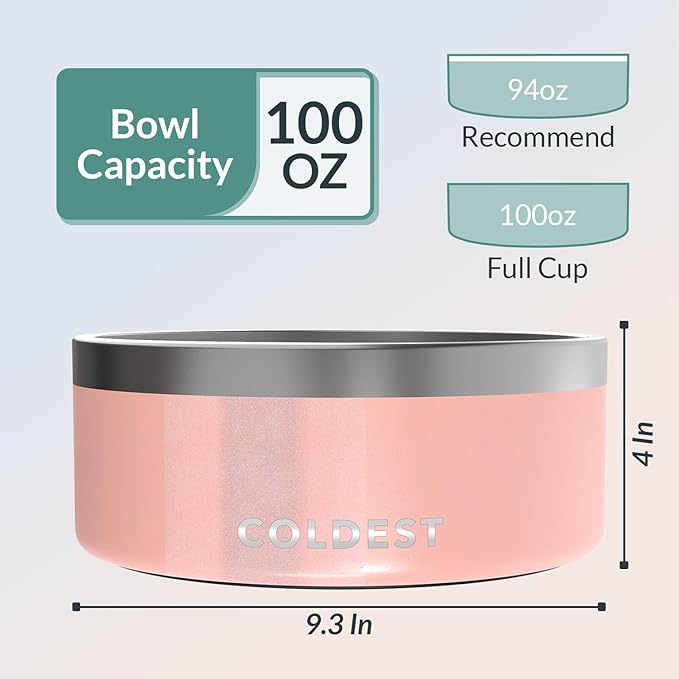 Coldest Dog Bowl, Anti Rust Metal & Non Slip Dog Bowls Large, Spill Proof Heavy Duty 3 Layers Insulated Dog Bowl, Food & Water Bowl for Dogs, Cats, Dishwasher Safe (100 oz, Forever Pink Glitter)