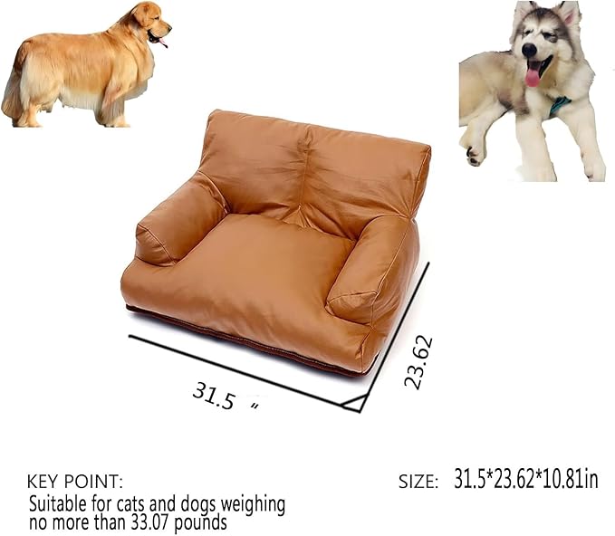 Pet Sofa Bed, Vintage Cat Puppy Faux Leather Couch with Non-Slip Bottom for Cats or Small Medium Dog Chair (Coffee color, Large)