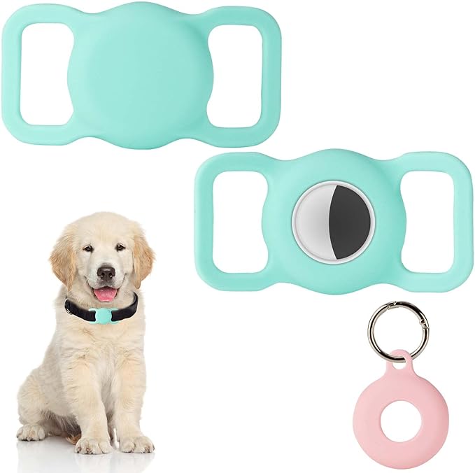 PuppyDoggy 2 Pack Airtag Holder for Collar, Dog Cat Tracker Case, Silicone Airtag Case Waterproof, Scratch-Resistant, Anti-Lost & 1 Pack AirTag Keychain Holder for Bag, Suitcase (Large, Mint Green)