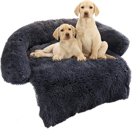 Calming Dog Bed Fluffy Plush Dog Mat for Furniture Protector with Removable Washable Cover for Large Medium Small Dogs and Cats (Medium(41x37x6), Dark Grey)