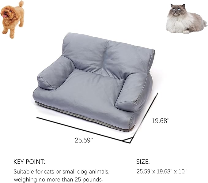 Pet Sofa Bed, Vintage Cat Puppy Faux Leather Couch with Non-Slip Bottom for Cats or Small Medium Dog Chair (Grey)