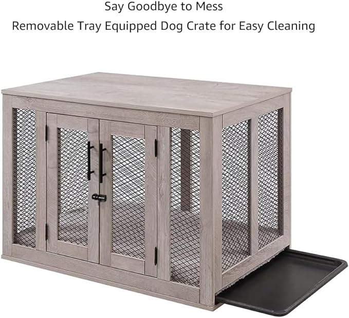 unipaws Dog Crate Furniture, Wooden Dog Kennel for Medium Breed, Indoor Decorative Wood Dog Cage, Inside Side End Table Crate with Removable Tray and Dog Bed, Dog Enclosure, for Dogs Up to 40 lbs