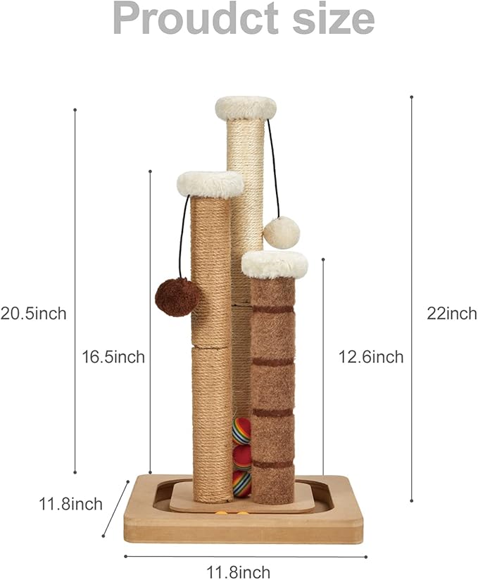 Cat Scratching Post Premium Natural Sisal Jute Carpet 3 Scratch Posts with Interactive Track Ball Base and Hanging Balls Toys Tall Kitten Scratcher for Indoor Kittens and Small Cats