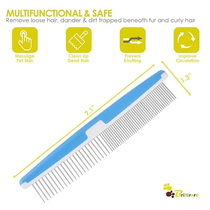 2 Pack Dog Combs, 2-in-1 Stainless Steel Cat Grooming Comb with Rounded Teeth, Professional Pet Dematting Tool, Prevents Knots and Mats for Small, Medium & Large Pets with Long & Short