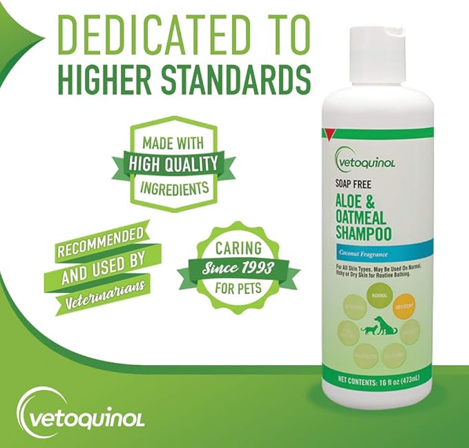 Vetoquinol Aloe & Oatmeal Shampoo — Gentle, Moisturizing Formula with Coconut Scent for Dogs & Cats, 16oz