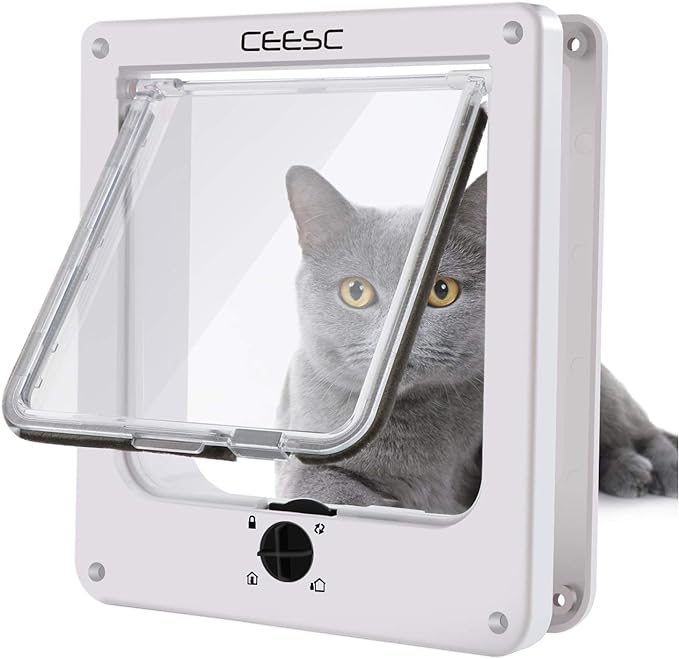 CEESC Cat Doors, Magnetic Pet Door with Rotary 4 Way Lock for Cats, Kitties and Kittens, Upgraded Version (Medium, White)