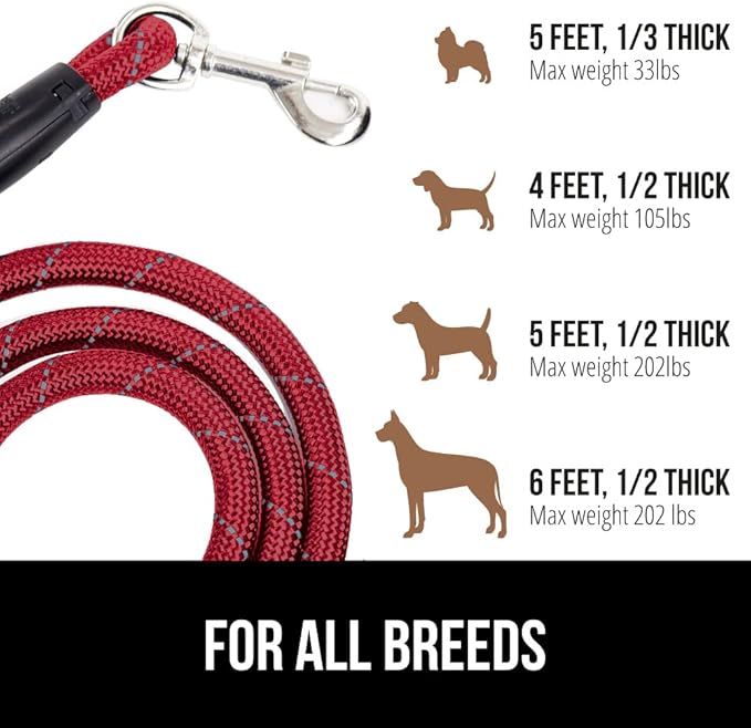 Gorilla Grip Heavy Duty Dog Leash, Soft Handle, Strong Reflective Rope for Night Pet Walking, Small Medium Large Animals, Durable Puppy Training Leashes, Rotating Metal Clip, Waste Bag Dispenser, Red