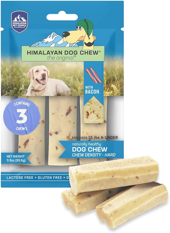 Himalayan Dog Chew Premium Yak Cheese Himalayan Dog Chews, Bacon, 3 Small Treats, 1.1 oz, Healthy Dog Treats Small Dogs, All Natural, Long Lasting Dog Chews for Puppy and Dogs Under 15 lbs