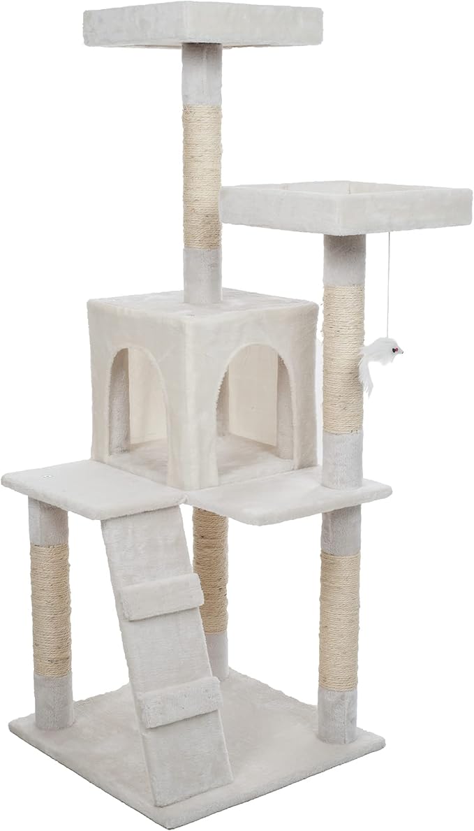 Cat Tree - 4-Tier Cat Tower for Indoor Cats with Perches, Kitty Condo, 5 Cat Scratching Posts, Hanging Toy, and 2-Step Ladder by PETMAKER (White)