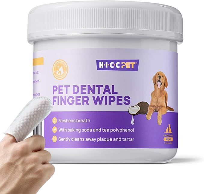 HICC PET Teeth Cleaning Wipes for Dogs & Cats, Remove Bad Breath by Removing Plaque and Tartar Buildup No-Rinse Dog Finger Toothbrush, Disposable Gentle Cleaning & Gum Care Pet Wipes, 50 Counts