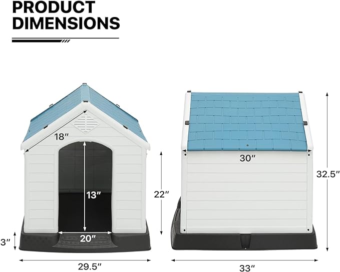 MoNiBloom 32.5 Inch Insulated Dog House for Small to Large Dogs, Waterproof Dog Shelter with Air Vents and Elevated Floor, All Weather Indoor Outdoor Plastic Doghouse, Easy Assembly