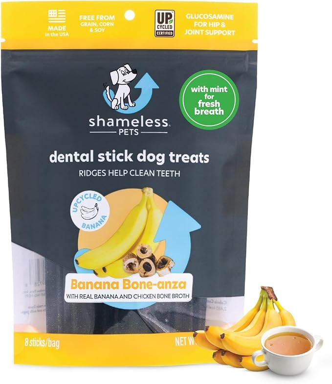 Shameless Pets Dental Treats for Dogs, Banana Bone-Anza - Healthy Dental Sticks with Hip & Joint Support for Teeth Cleaning & Fresh Breath - Dog Bones Dental Chews Free from Grain, Corn & Soy