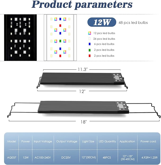 AQQA Aquarium Light,Multi-Function Fish Tank Led Light 24/7 DIY Auto On Off + Night Mode + Day Mode + Full Spectrum + 7 Colors,Adjustable Brightness Waterproof with Timer for Freshwater 12W