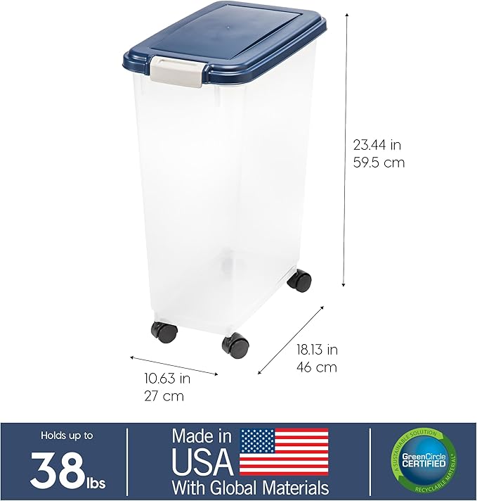 IRIS USA WeatherPro Airtight Dog Food Storage Container, Up to 38 lbs, Attachable Wheels, For Dog Cat Bird and Other Pet Food Storage Bin, Keep Fresh, Translucent Body, Easy Mobility, Navy