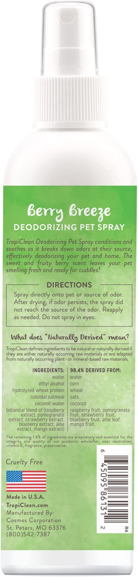 TropiClean Berry Breeze Dog Perfume Spray Long Lasting | Naturally Derived Odor Removing Dog Deodorizing Spray | Cat Friendly | Made in USA | 8 oz.