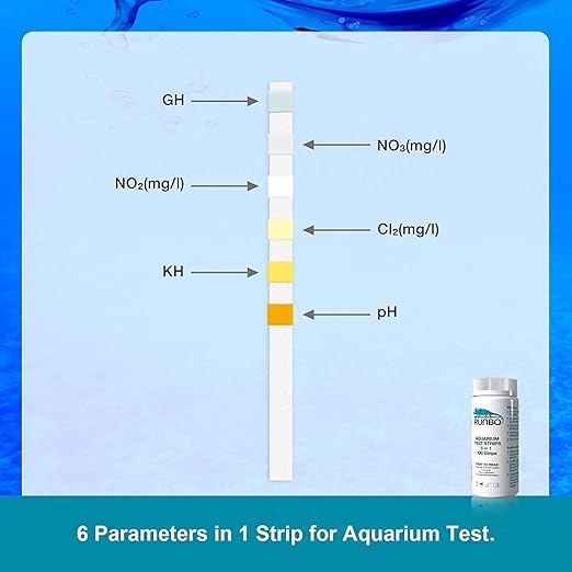 RUNBO Aquarium Test Strips 6 in1 for Fresh/Salt Water Fish Tank Aquarium, 100 Count Easy and Accurate Test Nitrate, Nitrite, General Hardness, Free Chlorine, Carbonate, Ph