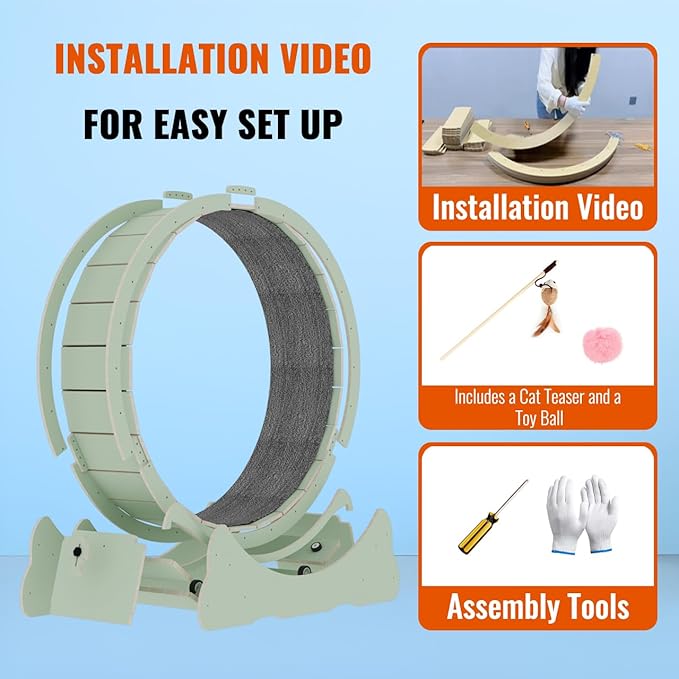 Cat Wheels for Indoor Cats. Extra Large Diameter Cat Treadmill. Made of Natural Solid Wood. Inside Diameter 40in/100cm. Including Installation Tools and Cat Teaser. (Green)