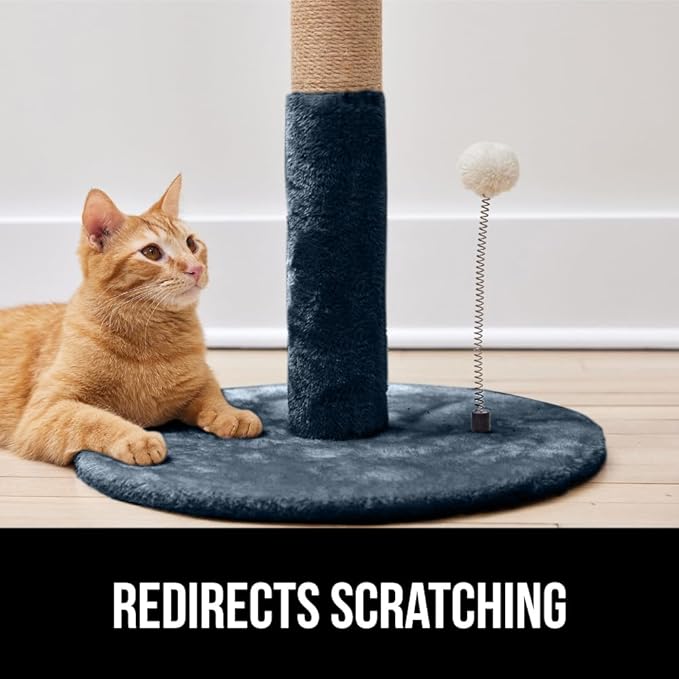 Gorilla Grip Heavy Duty Cat Scratching Post, All Natural Rope, Plush Carpet Secure Base Indoor Scratcher Cats, Kitten Nail File Tower, Spring and Rope Balls, Tall Sturdy Toy for Adults, Large Navy