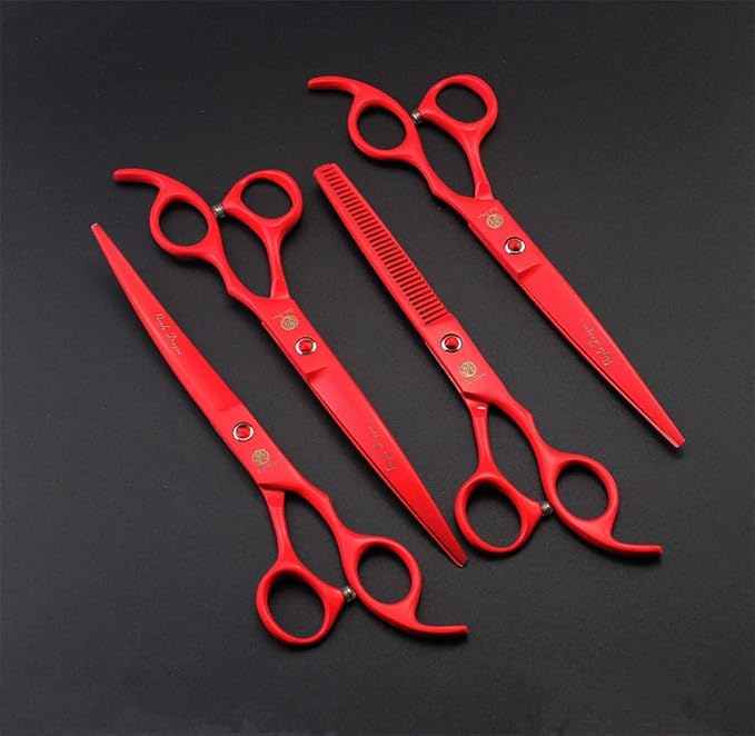 Purple Dragon Professional 7.0 inch 4PCS Pet Grooming Scissors Kit Japan Premium Steel Straight & Curved & Thinning Blade Dog Hair Cutting Shears Set with Case