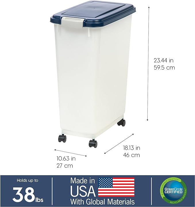 IRIS USA WeatherPro Airtight Dog Food Storage Container, Up to 38 lbs, Attachable Wheels, For Dog Cat Bird and Other Pet Food Storage Bin, Keep Fresh, Easy Mobility, BPA Free, Navy/Pearl