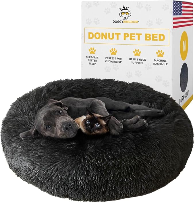 Calming Round Donut Dog Bed Pillow, Washable, Anti Anxiety, Anti-Slip, Cozy Soft Cuddler Comfort Bed with Fluffy Plush Faux Fur for large medium small Sized Dog - Dark Gray, M 31 inch