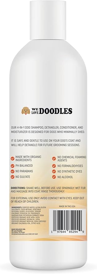 USDA Organic Dog Shampoo, Conditioner & Detangler - Best Shampoo for Goldendoodles, Poodles & Doodles - Pet Shampoo For Matted Hair - Sensitive Skin Shampoo for Puppies - Made In The USA, 16OZ (Mango)