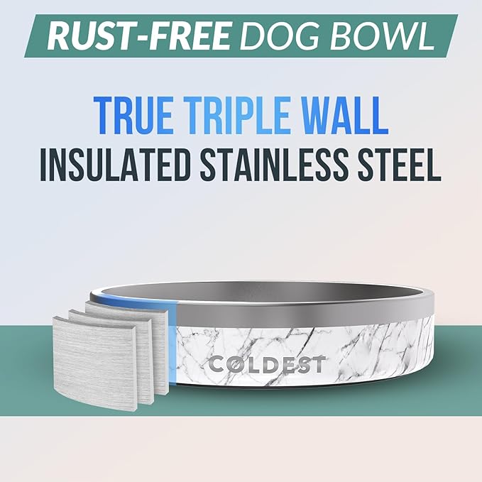 Coldest Dog Bowl - Anti Rust Metal & Non Slip Dog Bowls Large, Spill Proof Heavy Duty 3 Layers Insulated Dog Bowl - Food and Water Bowl for Dogs, Cats & Pets, Dishwasher Safe (21 oz, Carrara Marble)