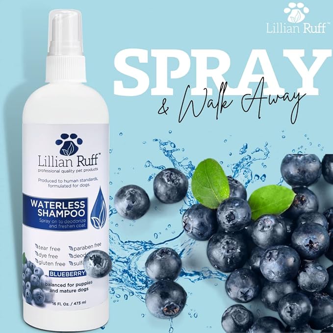 Lillian Ruff Berry Blue Brightening Face and Body Wash for Dogs - Blueberry Shampoo - Remove Tear Stains, Hydrate Dry Itchy Skin, Add Shine & Luster to Coats (Berry Blue Shampoo & Waterless Set)