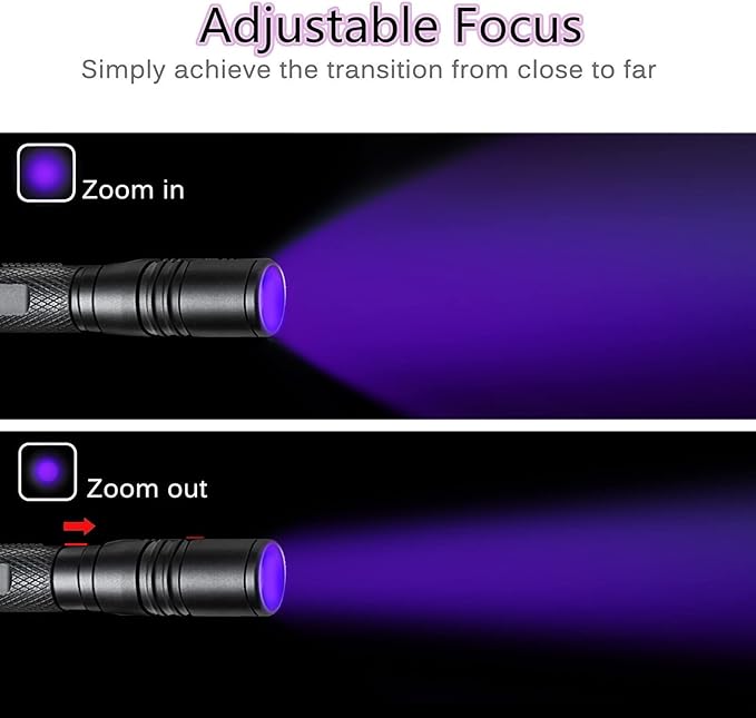 395nm UV Flashlight, Zoomable Pen Blacklight Flashlight with 2xAAA Battery Ultraviolet Flashlight Pet Urine Detector for Cat Dog Stains, Bed Bug, Household Toilet