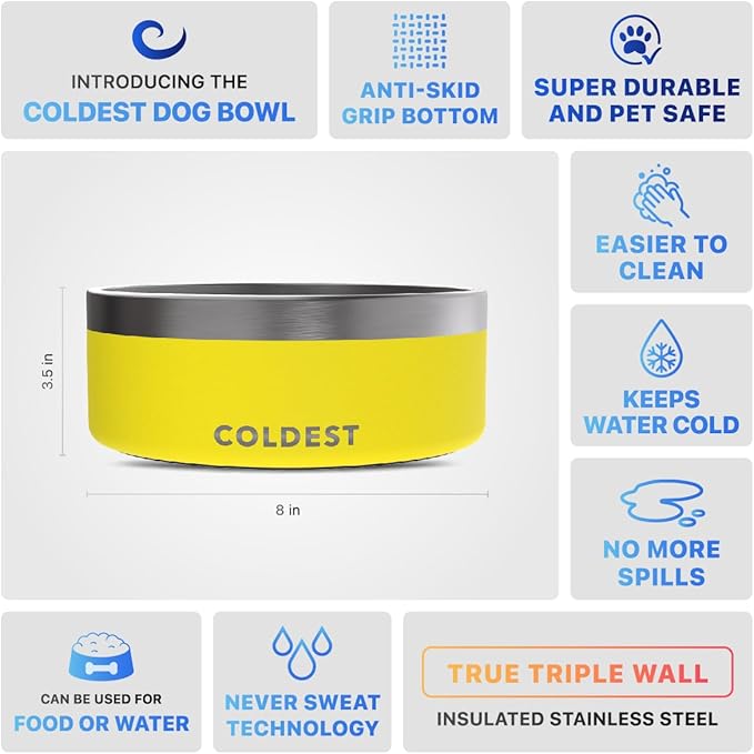 Coldest Dog Bowl - Anti Rust Metal & Non Slip Dog Bowls Large, Spill Proof Heavy Duty 3 Layers Insulated Dog Bowl - Food and Water Bowl for Dogs, Cats & Pets, Dishwasher Safe (64 oz, Solar Yellow)