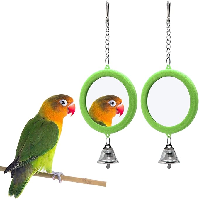 2PCS Bird Mirror with Bell Parrot Hanging Interactive Playing Toy for Cockatiel Parakeets Canaries Budgie Cage Accessories (Green)