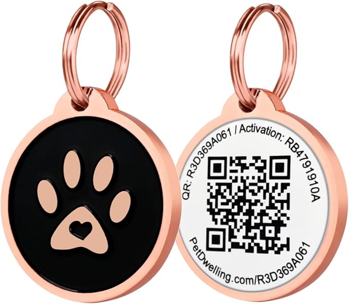 Premium Pet ID Tag for Dogs and Cats: Easy Scan QR Code, Instant Online Pet Profile Access, & Scan Location Alerts(Lux Rose Gold Black Paw)