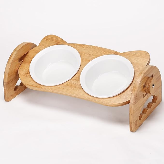 Raised Cat Food Bowls, 2 Elevated Ceramic Bowls 15° Tilted Orthopedic Feeding Dishes Solid Bamboo Pet Bowls Feeder Set for Cats and Puppy Feeding Station Kitty Bowl Set for Food and Water