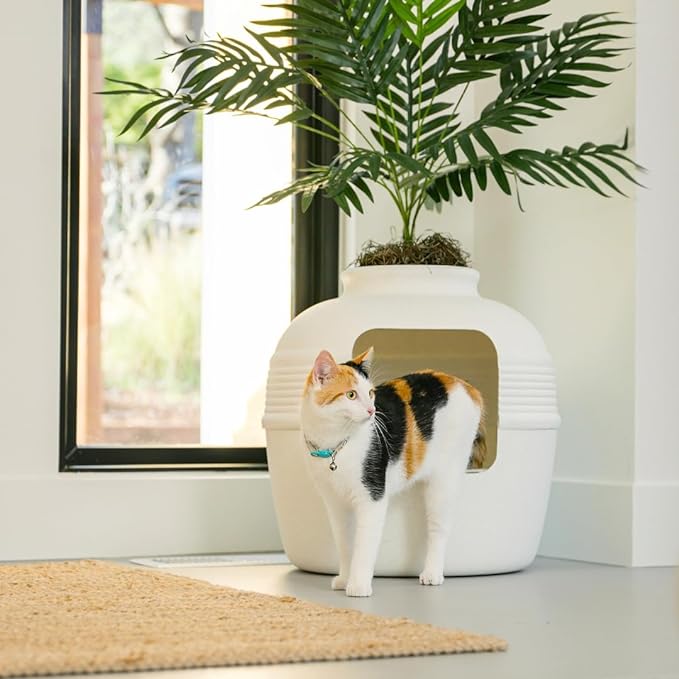 Good Pet Stuff, The Original Hidden Litter Box Base Kit, Round Enclosed Cat Litter Box Planter with Artificial Plants, Vented Carbon Odor Filter System, Florist Moss, Easy to Clean, White Birch