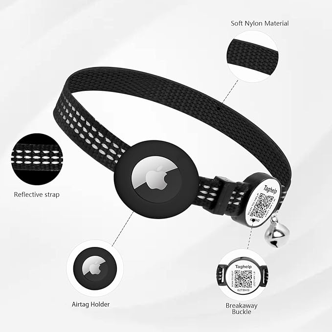 Airtag Cat Collar, Air tag Cat Collar with Bell and Safety Buckle in 3/8" Width, Reflective Collar with Waterproof Airtag Holder Compatible with Apple Airtag for Cat Dog Kitten Puppy (Black B)