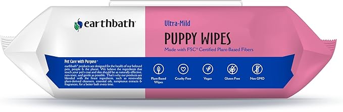 earthbath, Ultra-Mild Wild Cherry Puppy Wipes - Dog Wipes for Paws and Butt, Best Pet Wipes for Dogs & Puppies, Made in USA, Cruelty-Free Dog Cleaning Wipes - 100 Count (2 Pack)