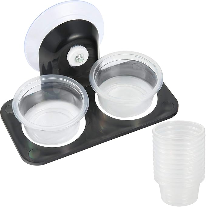 SLSON Gecko Feeder Ledge Acrylic Improved Suction Cup Reptile Feeder with 20 Pack 1 oz Plastic Bowls for Reptiles Food and Water Feeding,Black