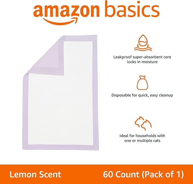 Amazon Basics Cat Pad Refills for Litter Box, Lemon Scent - Pack of 60, White/Purple