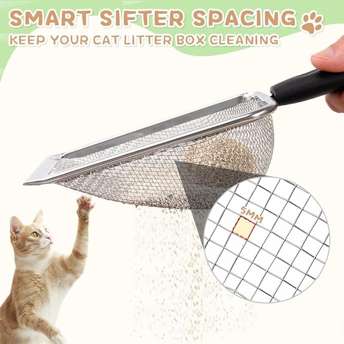 Cat Litter Scoop,Sturdy Litter Cleaner Corner Shovel,Stainless Steel Mesh Litter Shovel,Easy to Clean Reptile Terrarium Sand Waste,Beach Shovel(Black)